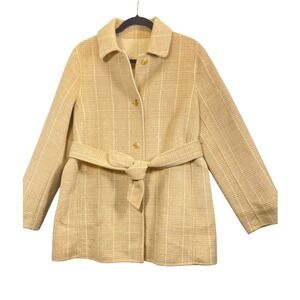 IZZAT BABA YORK‎ Reversible Women L Beige Plaid Belted Trench Wool Coat Jacket